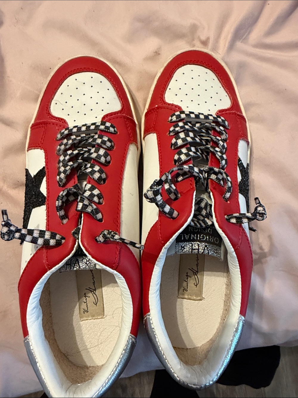 Red and White Low-Top Sneakers with Checker Laces